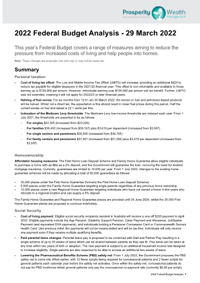 2022 Federal Budget Analysis - 29 March 2022